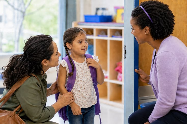 Parent dropping off child at preschool with teacher greeting